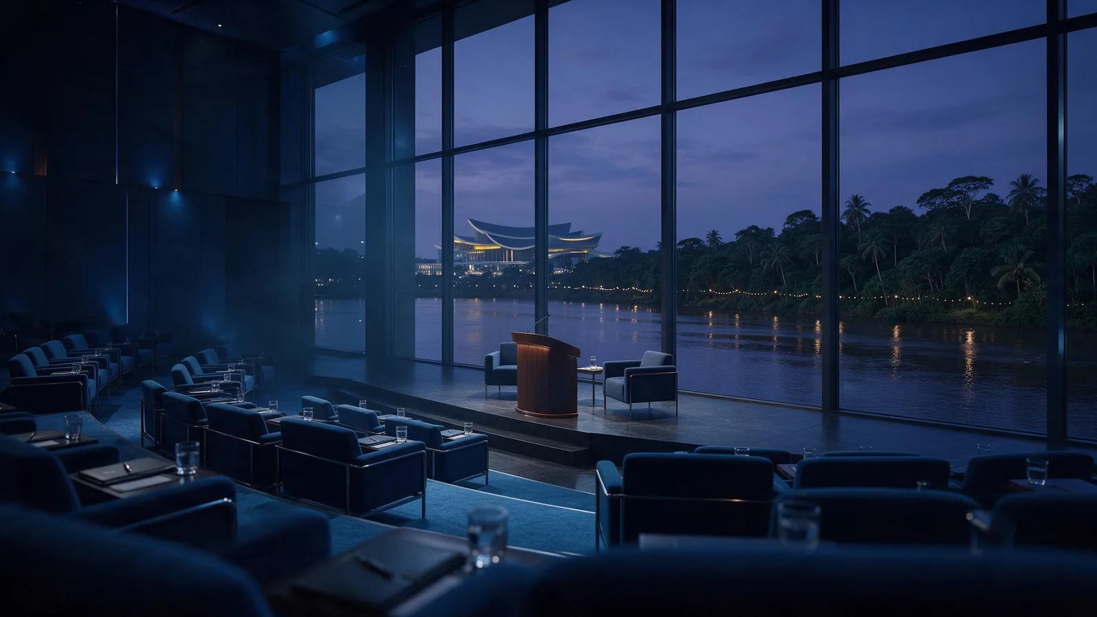 A contemporary conference hall at dusk overlooking the Sarawak river.