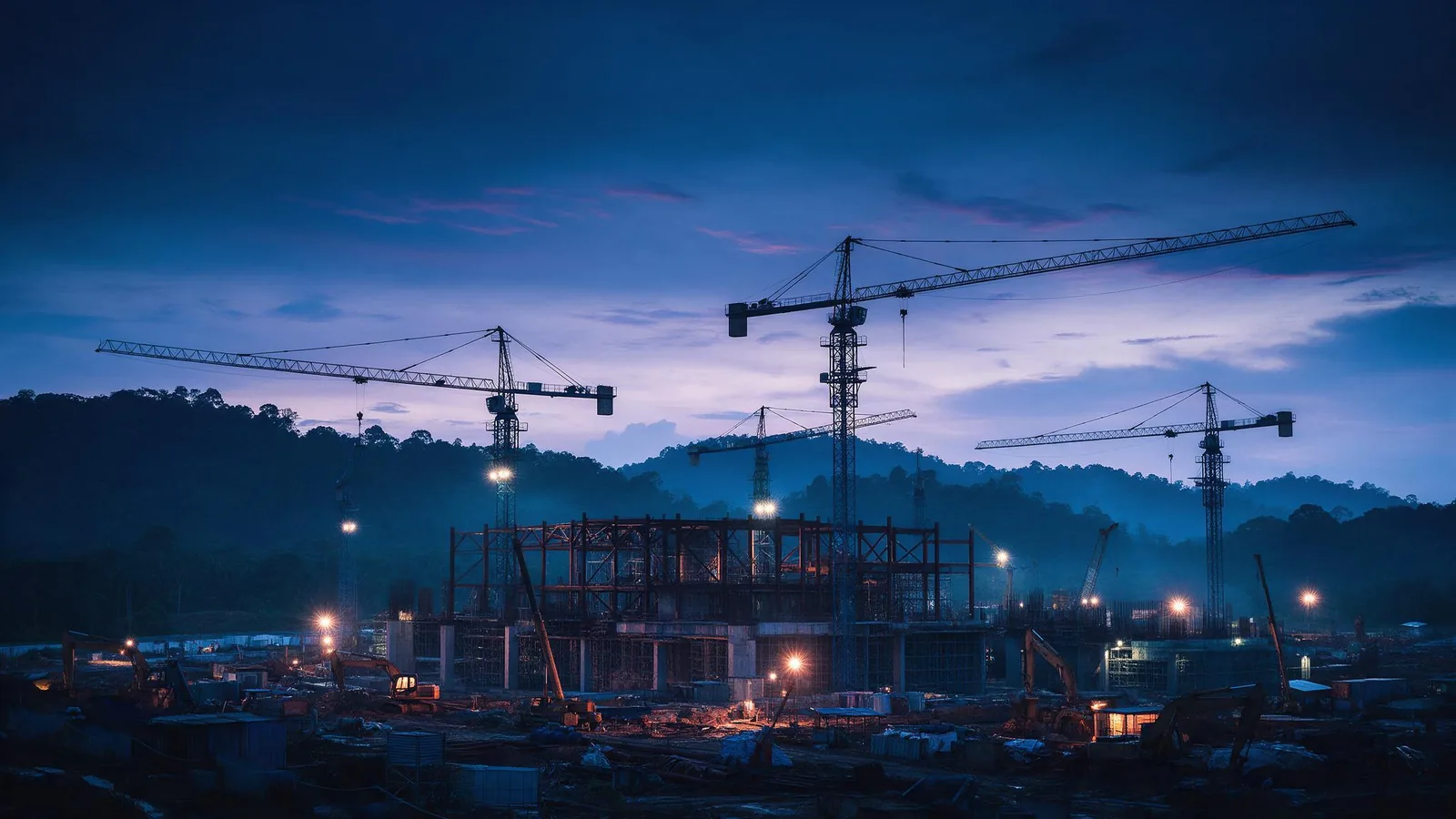 A large construction site at dusk, tower cranes above a structural frame.
