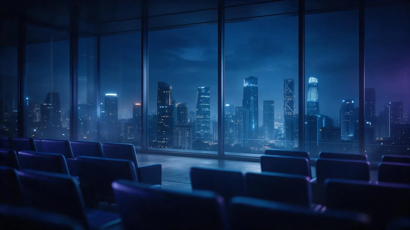 A conference auditorium at blue hour above the Kuala Lumpur skyline.